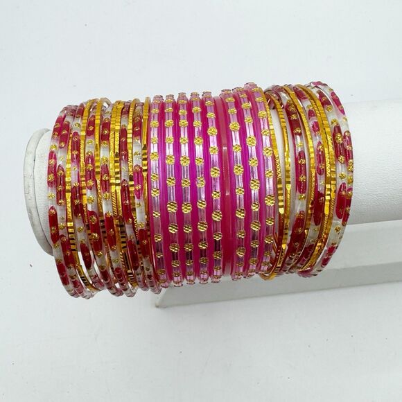 Indian Bollywood Glass Metal Plastic Pink Gold Bangle Bracelet Stack Set Of 32 - Picture 6 of 6